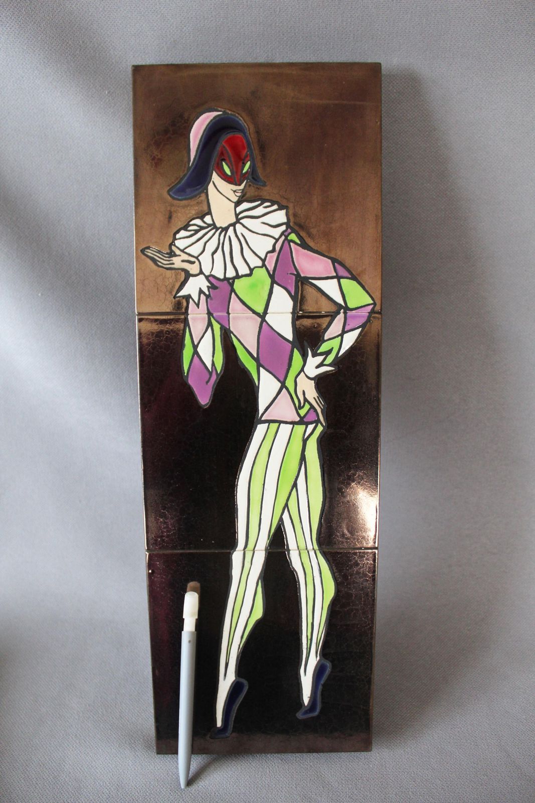 Tall Vintage Mid Century Retro Harlequin Jester Ceramic Tile Art Panel, Wall Plaque, Tile Panel On Wood, Painting, Mardi Gras, Dancer photo 79.0
