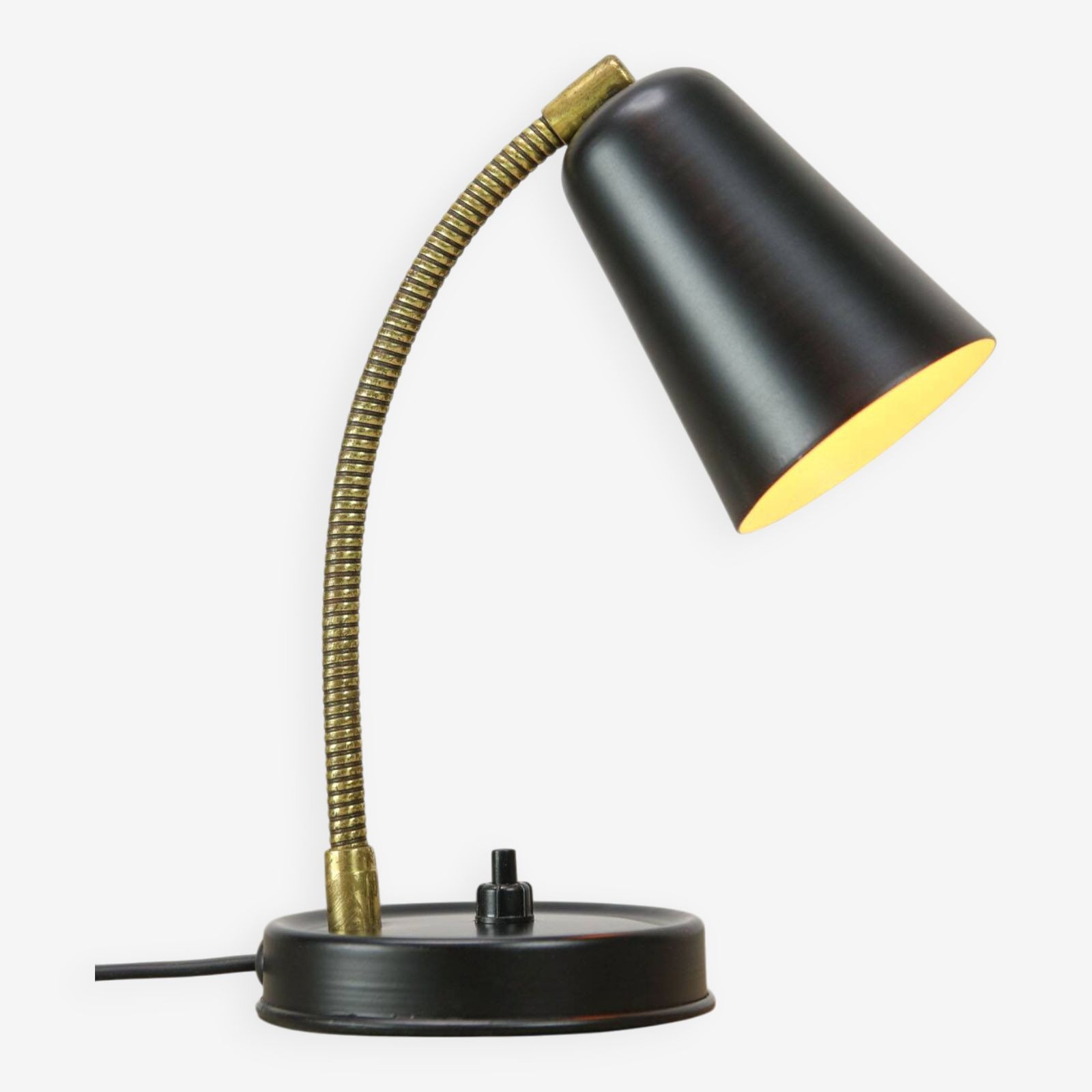 Mid Century Italian Mini Gooseneck Table Lamp In Black And Brass