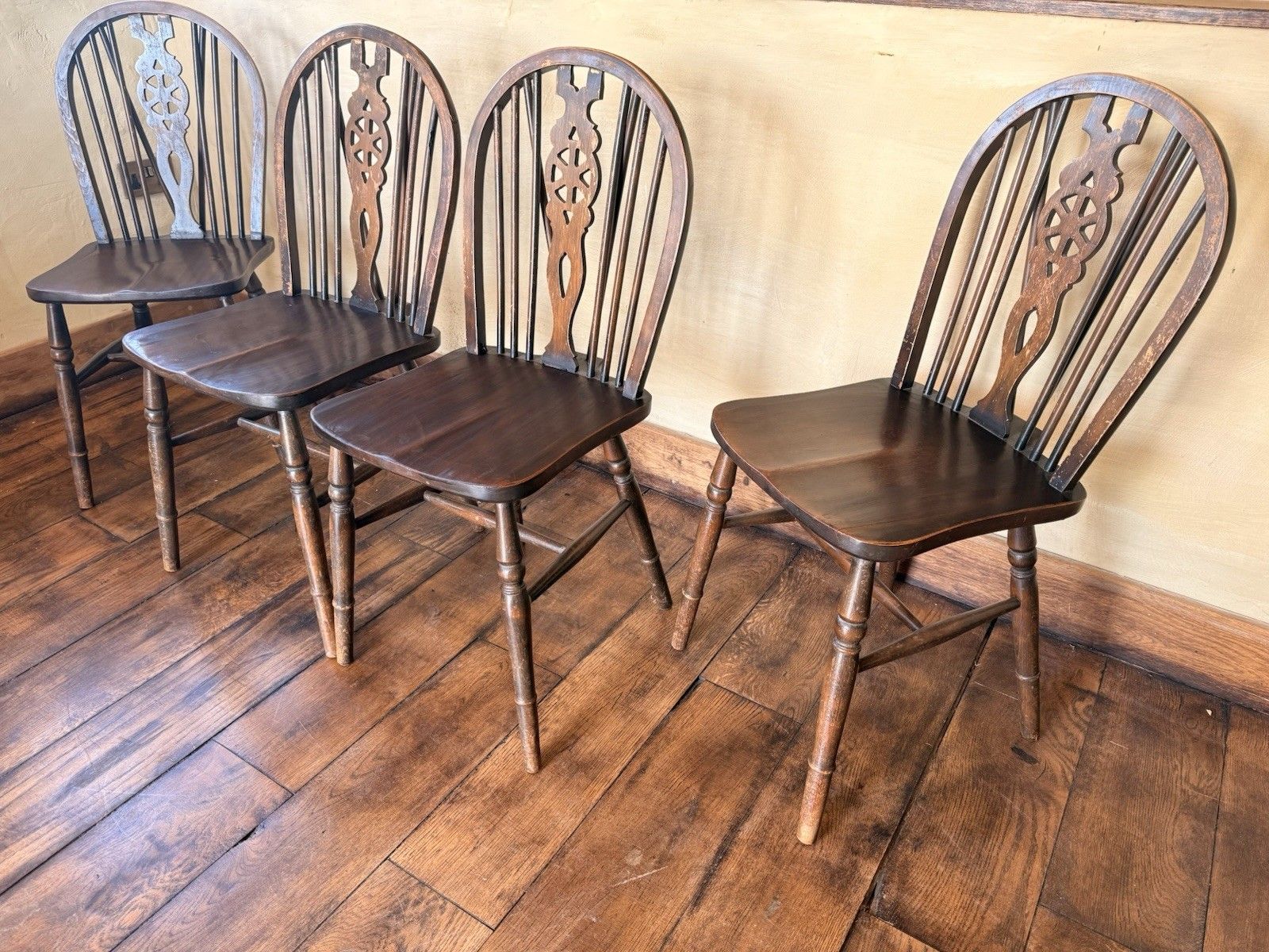 Matching Set Of 4 Vintage  Oak Rustic Farmhouse Cart Wheel Back Dining Chairs photo furniture