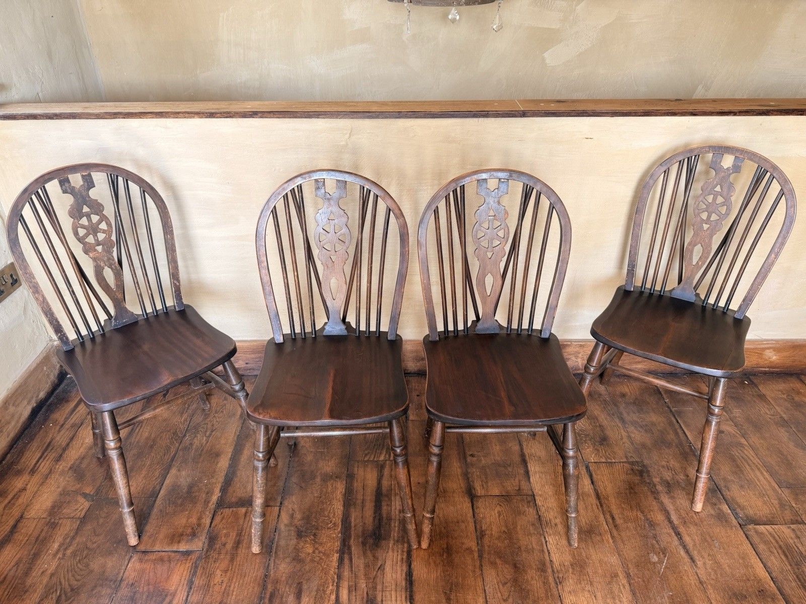 Matching Set Of 4 Vintage  Oak Rustic Farmhouse Cart Wheel Back Dining Chairs photo vinterior