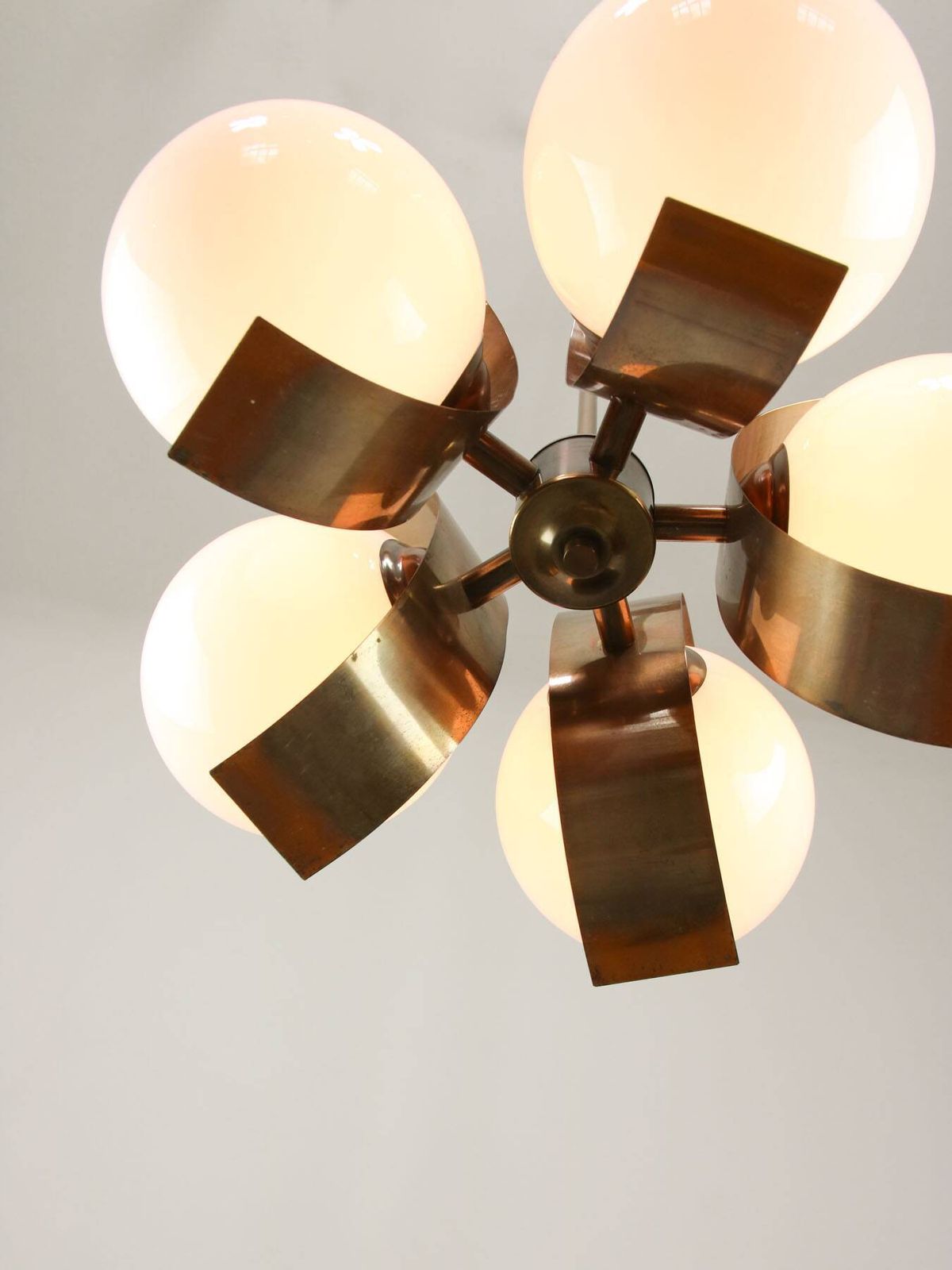 Lighting Vintage Italian Copper And Opaline Chandelier, 1970s photo