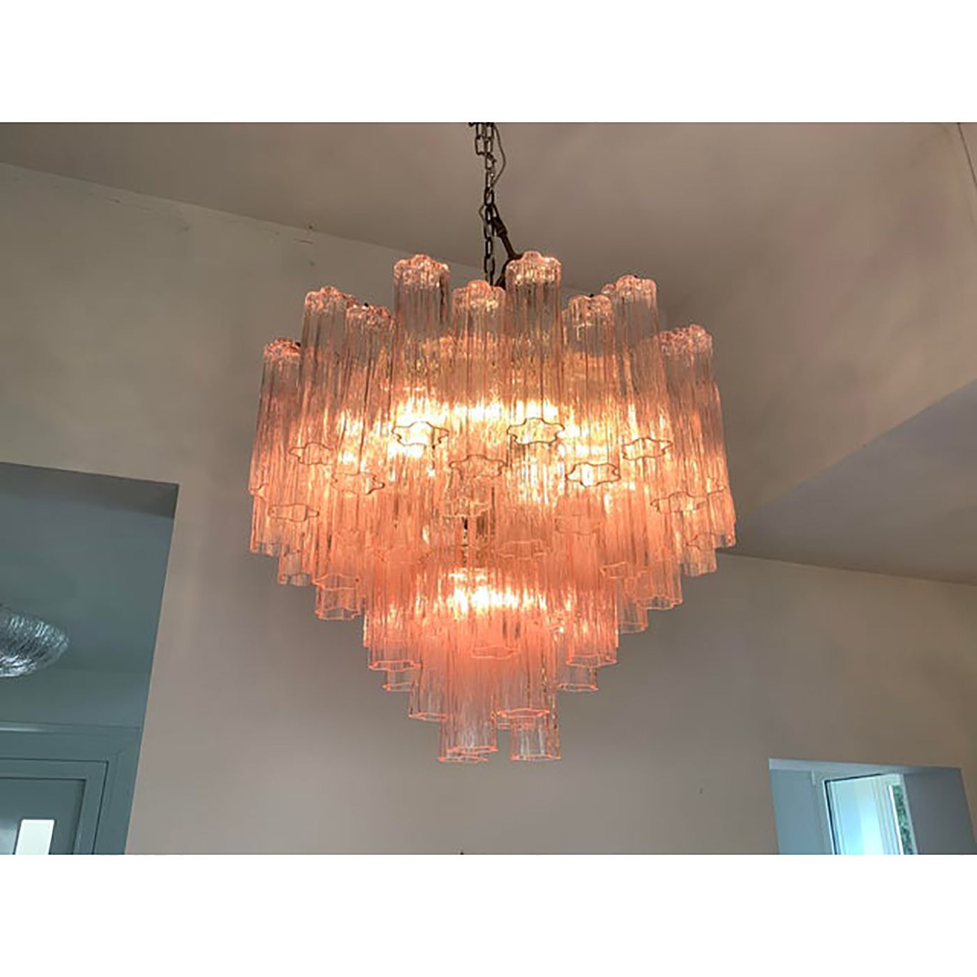 Contemporary Pink “Tronchi” Murano Glass Chandelier In Venini Style photo furniture