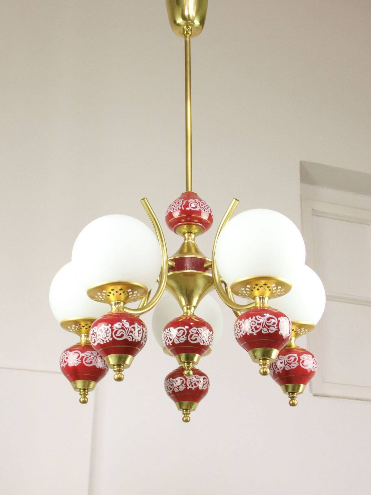 photo for sale Mid Century Italian Brass, Opaline & Ceramic Chandelier