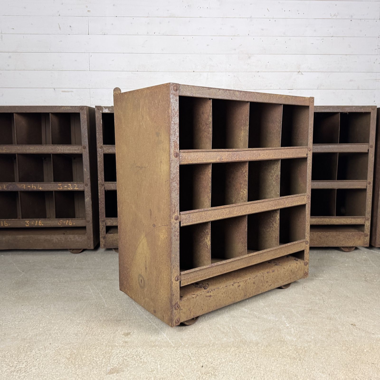 Set Of 6 Small Industrial Steel Pigeon Hole Units On Wheels