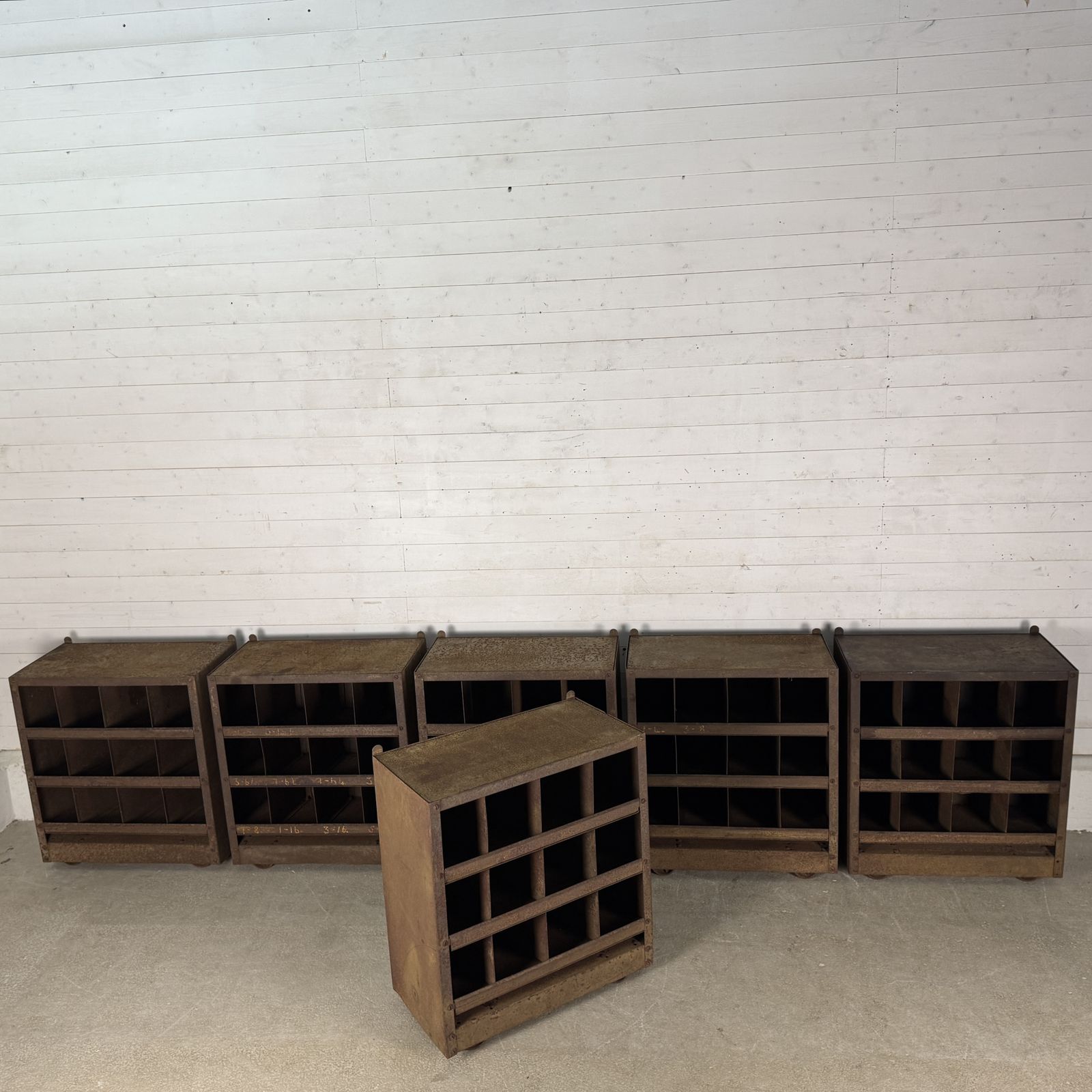 Set Of 6 Small Industrial Steel Pigeon Hole Units On Wheels photo 600.0