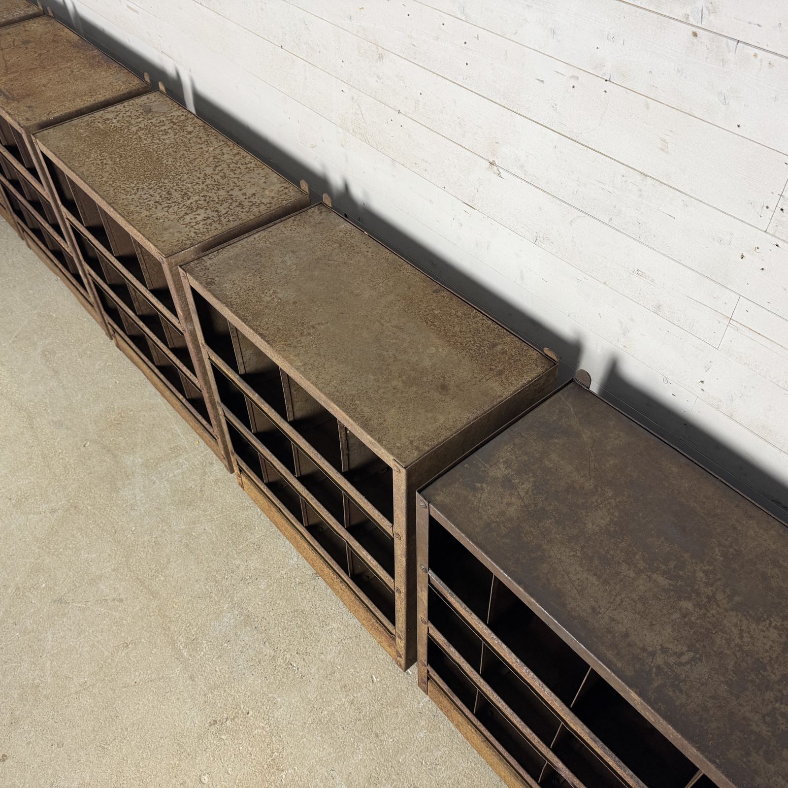 Set Of 6 Small Industrial Steel Pigeon Hole Units On Wheels photo vintage