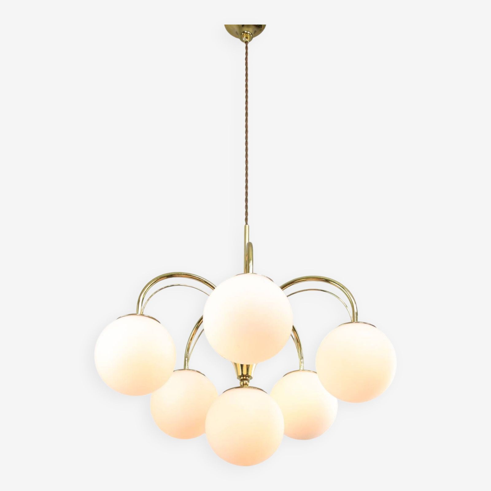 Vintage Golden & Opaline Glass 5 Arm Chandelier, 70s