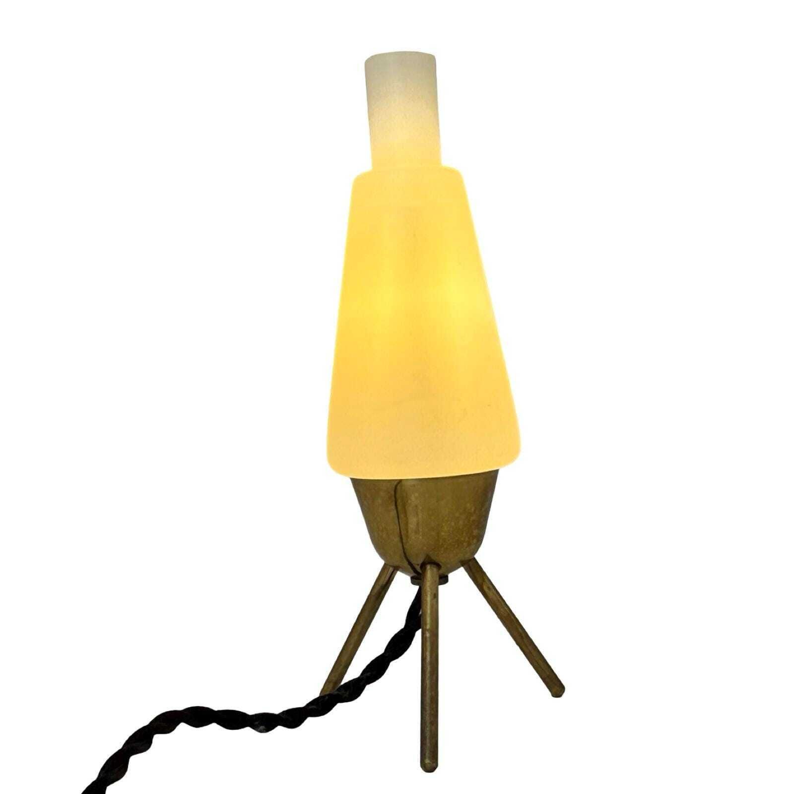 Atomic Age / Mid Century Modern   Tripod Lamp With White Satin Glass Shade On Brass Feet photo for sale