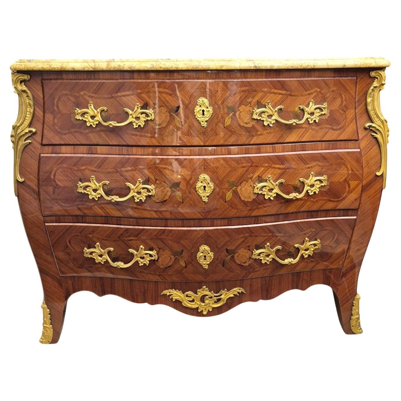 Louis XV Style Marquetry And Marble Chest Of Drawers, France, Early 20th Century photo vintage