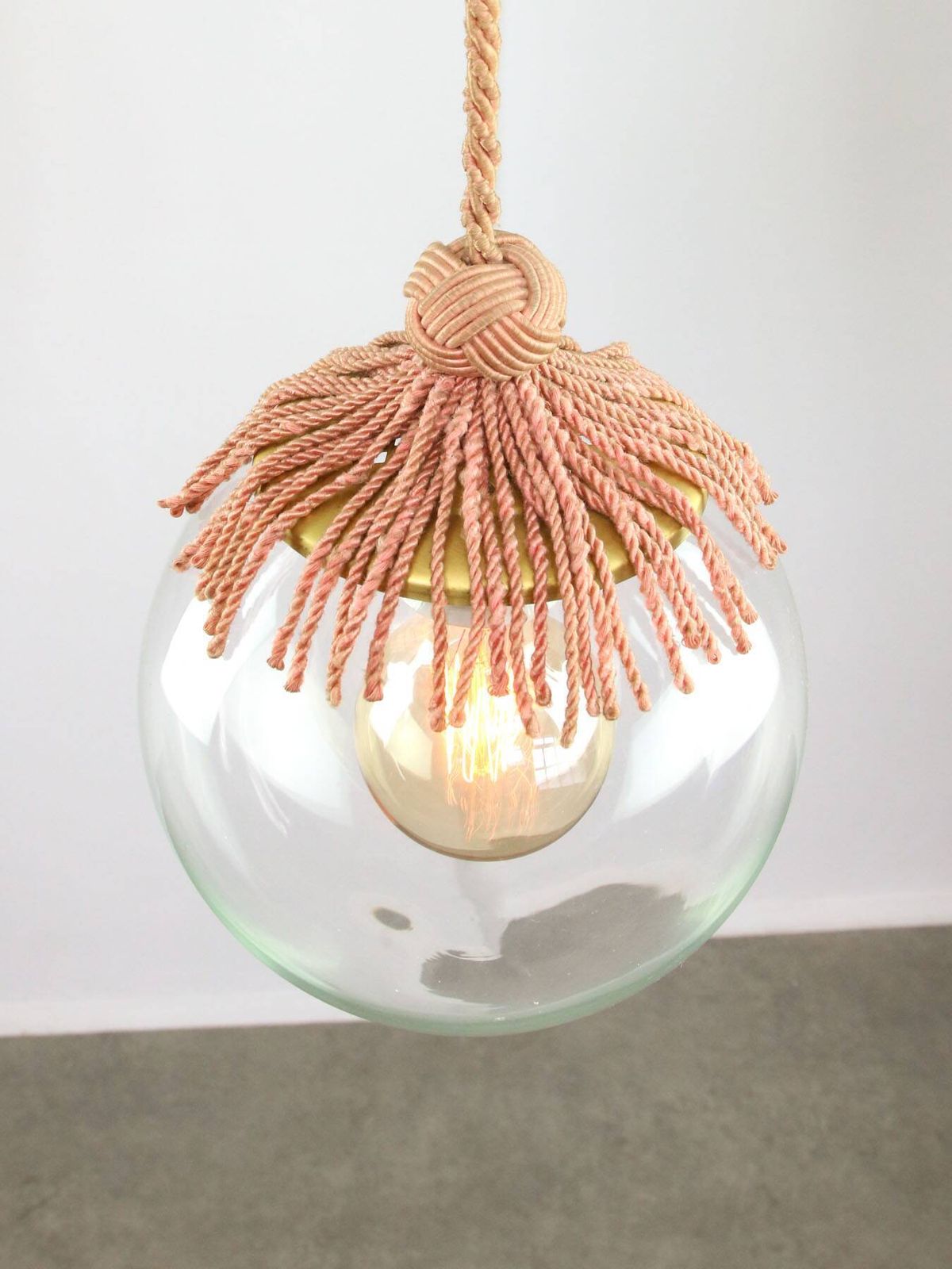 Art Deco Italian Pink Fabric And Brass Globe Pendant Lamp photo buy