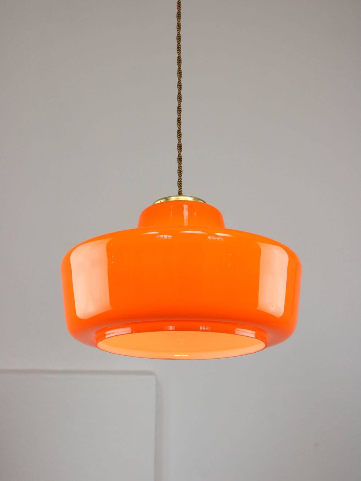 Mid Century Modern Italian Orange Glass And Brass Pendant Lamp photo 444.0