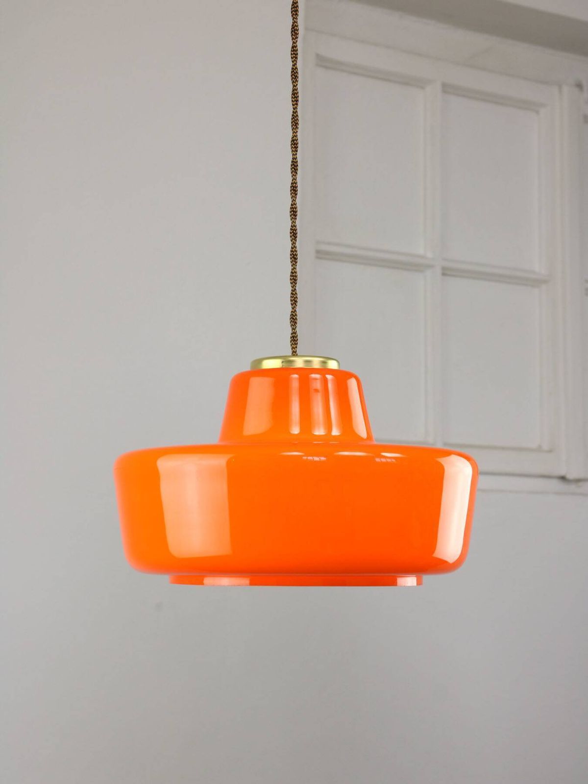 Mid Century Modern Italian Orange Glass And Brass Pendant Lamp photo vinterior