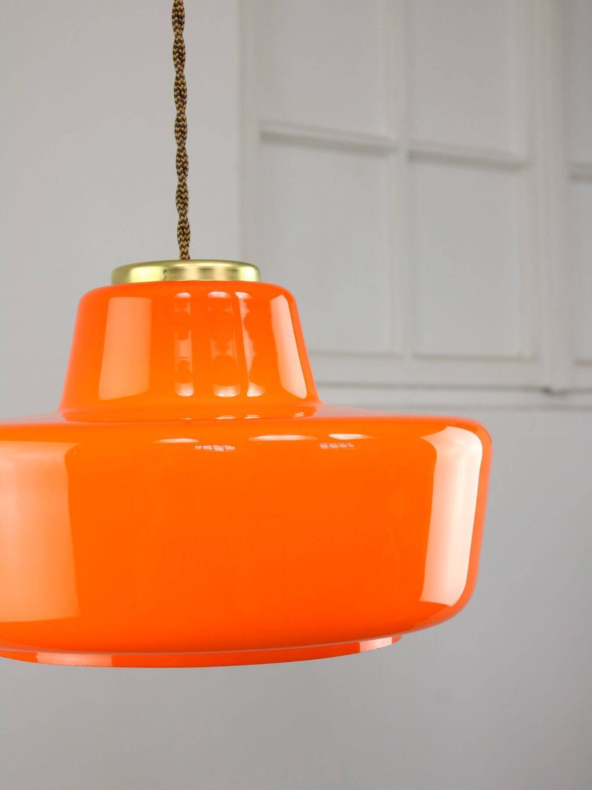 Mid Century Modern Italian Orange Glass And Brass Pendant Lamp photo vintage