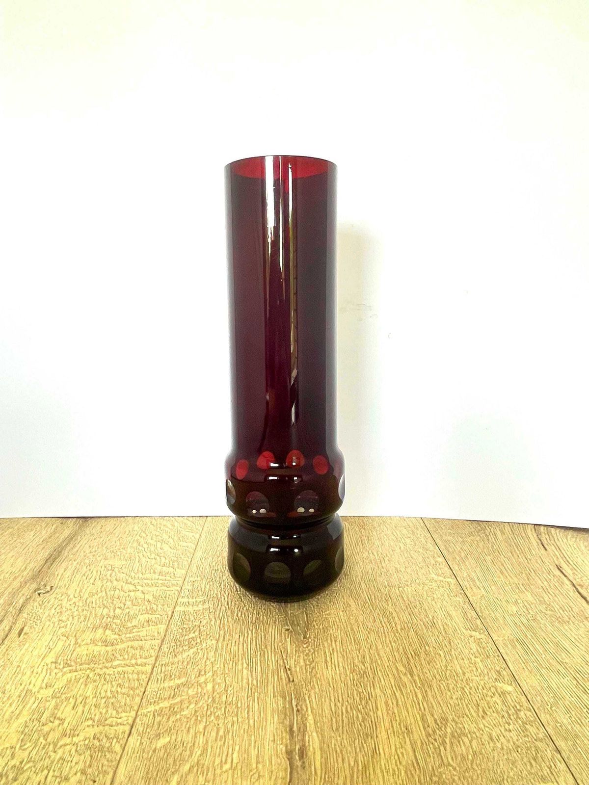 photo for sale Tall Black Cherry Red Mid Century German Glass Vase With Clear Windows