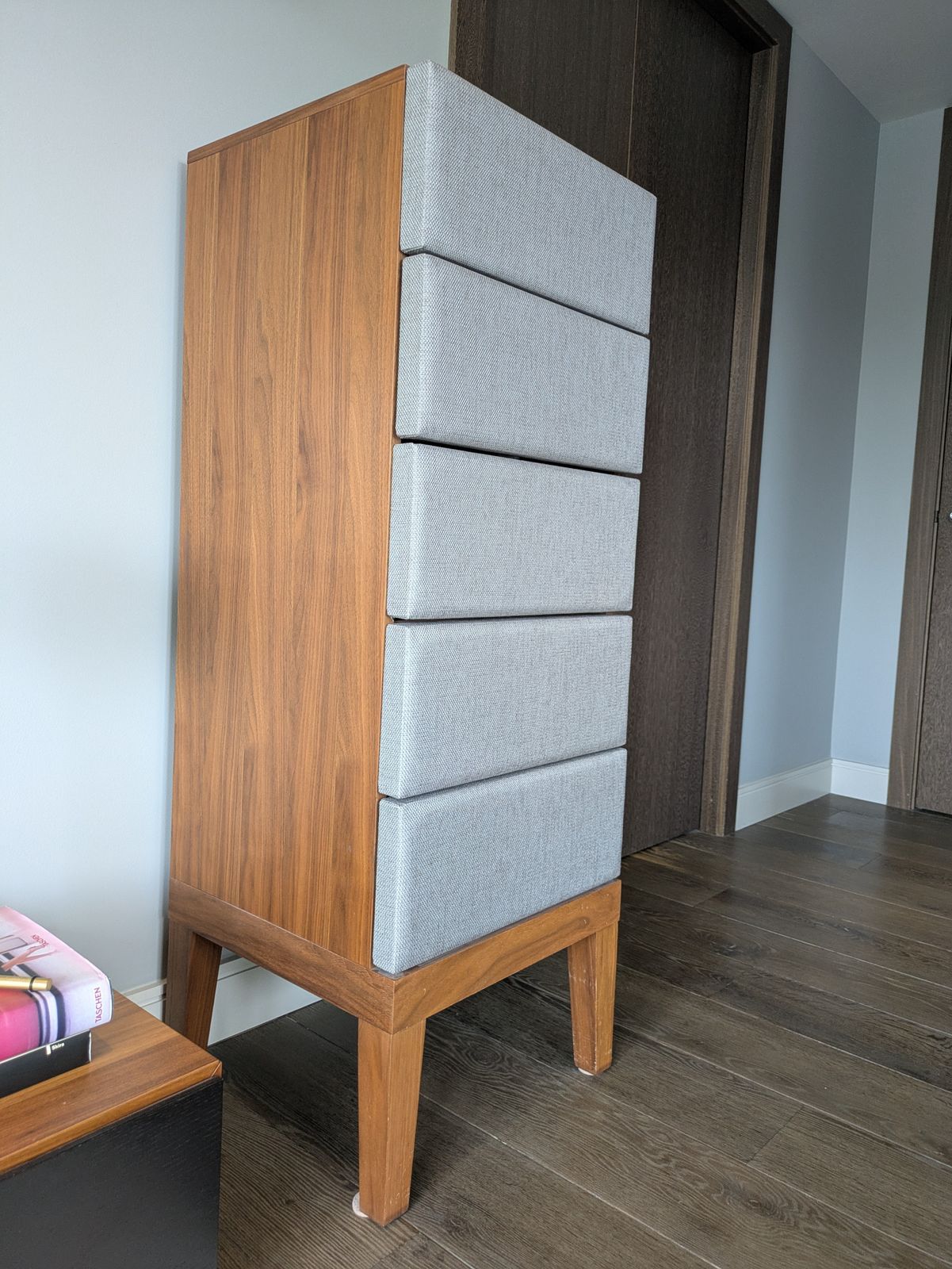 Tall Chest Of Drawers In Walnut And Upholstered Grey Fabric photo furniture