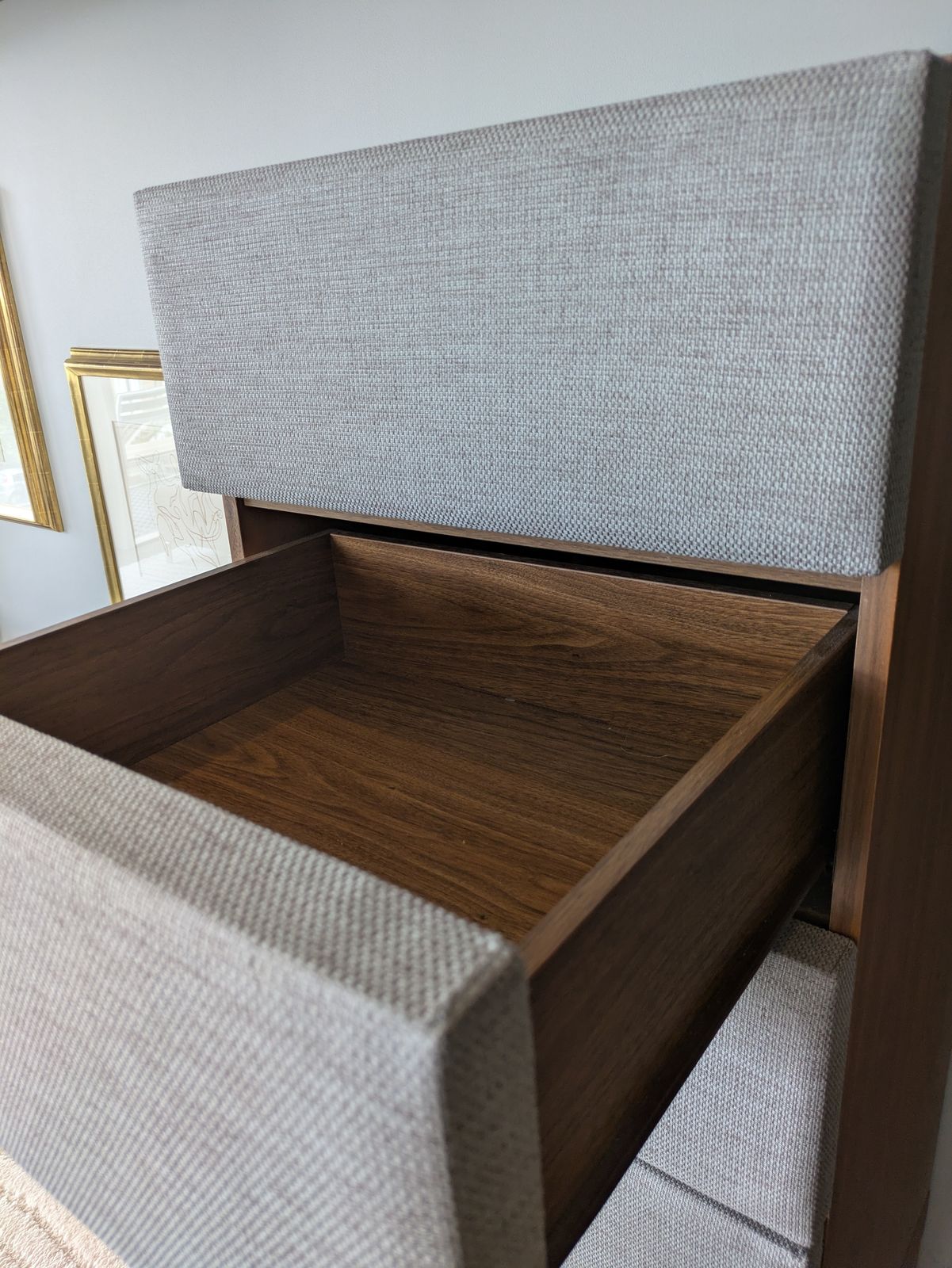 Tall Chest Of Drawers In Walnut And Upholstered Grey Fabric photo 200.0