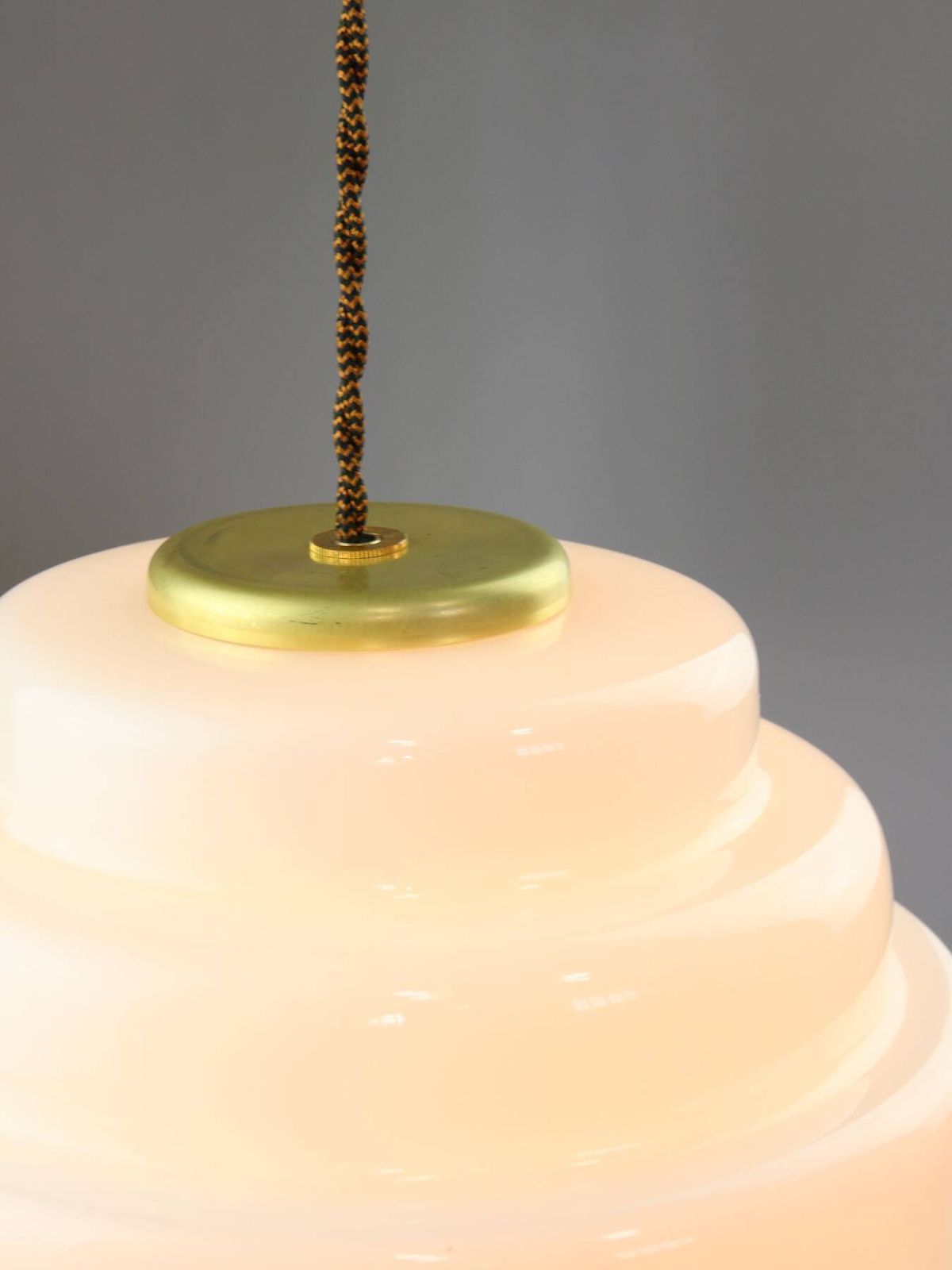 photo vinterior Mid Century Italian Brass And Opaline Glass Pendant Lamp