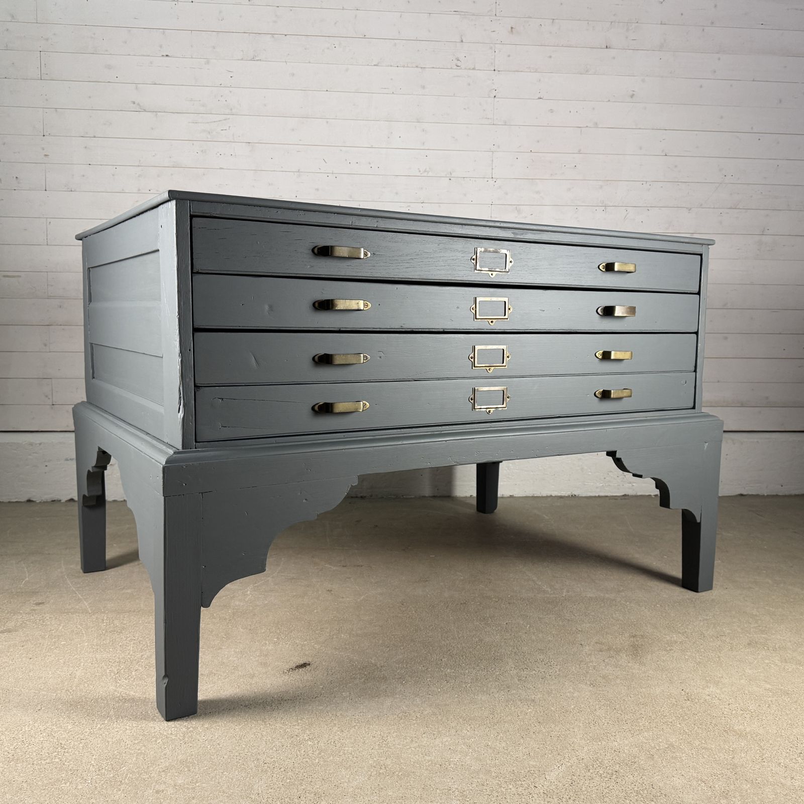 Large Painted Antique 4 Drawer Plan Chest On Stand With Later Top