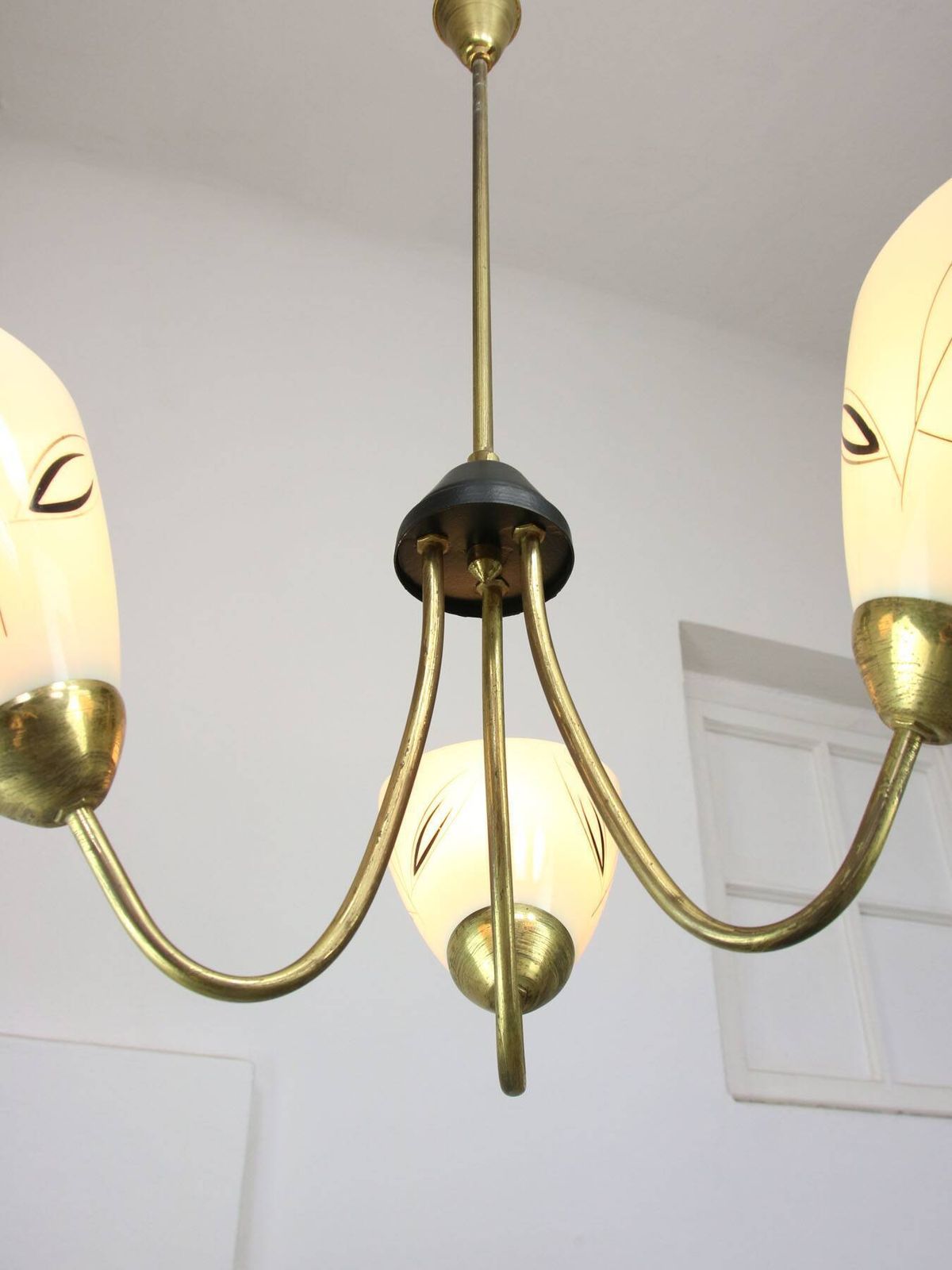 Lighting Italian Art Deco Chandelier In Brass And Yellow Glass, 1940s photo