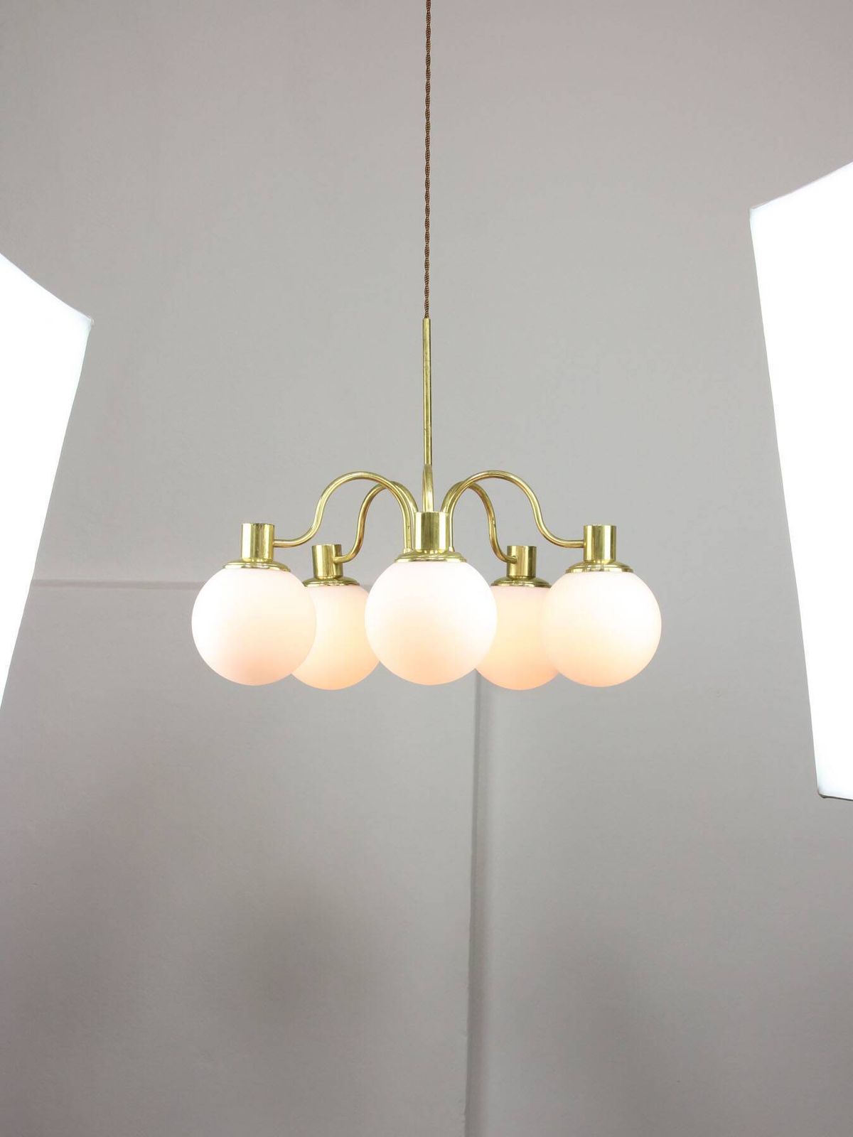 Italian Mid Century Modern Chandelier In Brass And Opaline Glass, 1960s photo Lighting