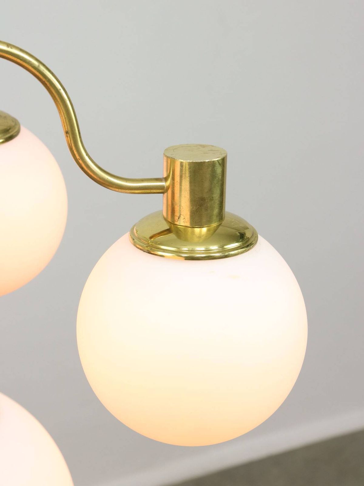 photo buy Italian Mid Century Modern Chandelier In Brass And Opaline Glass, 1960s