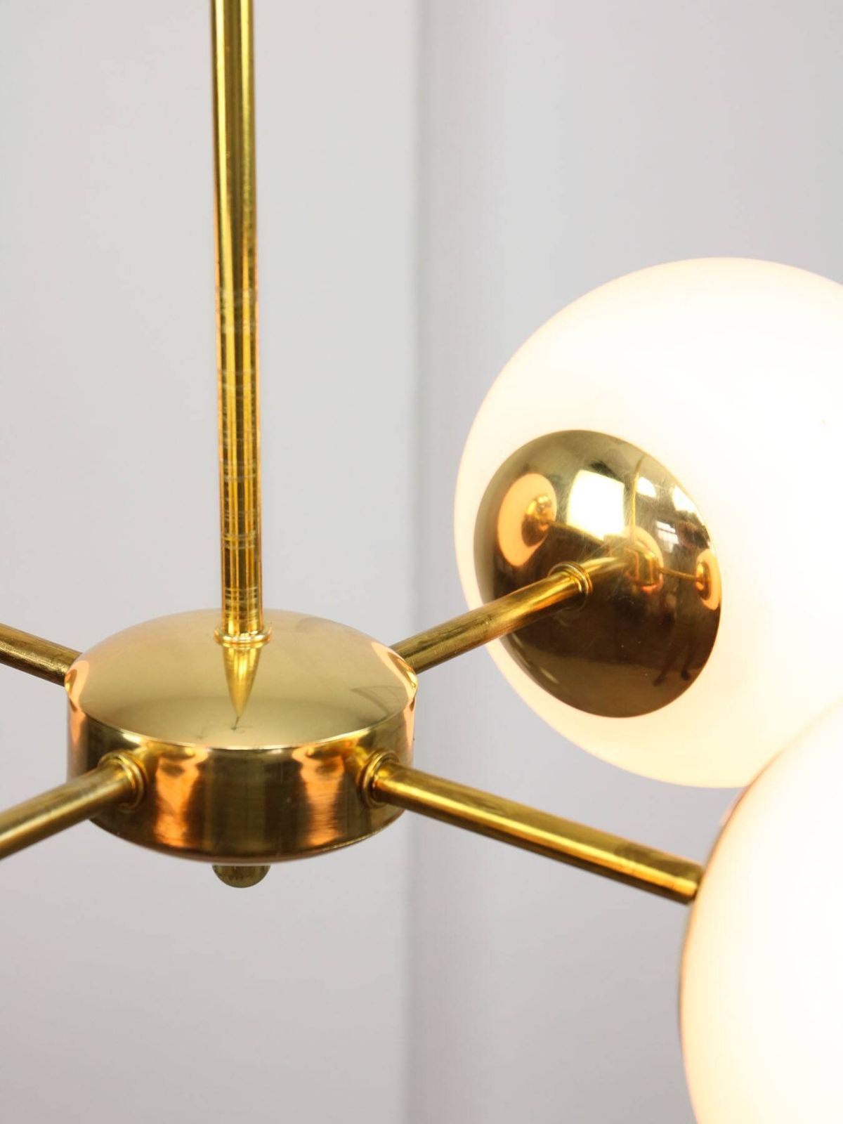 Italian Mid Century Golden Sputnik Chandelier With Opaline Shades, 1960s photo for sale