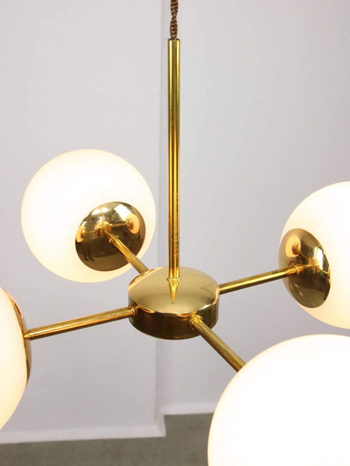 Italian Mid Century Golden Sputnik Chandelier With Opaline Shades, 1960s photo vinterior