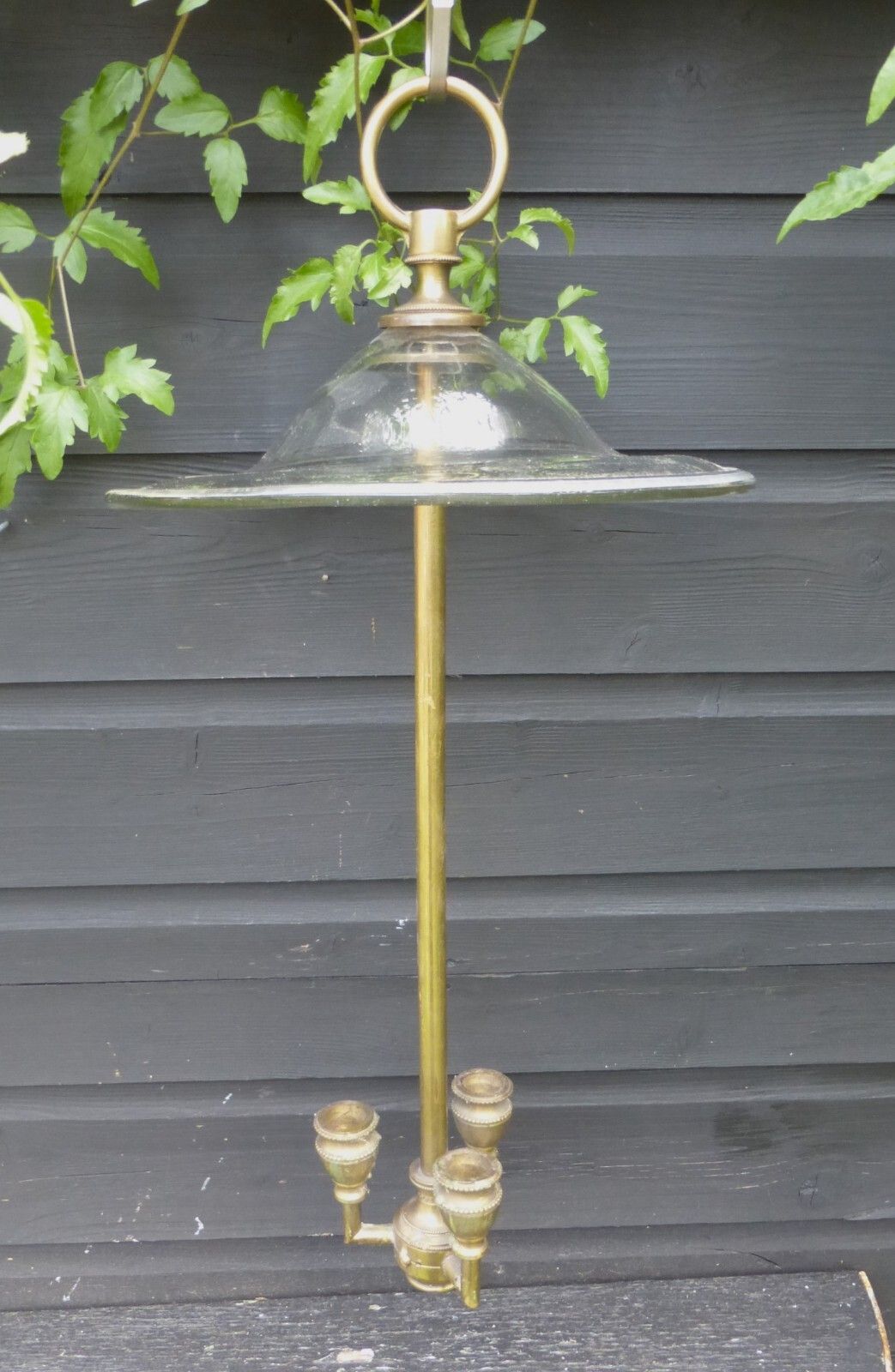 Original Antique Hand Blown Glass Smoke Bell Brass 3 Candle Fittings Ceiling Light C1800's