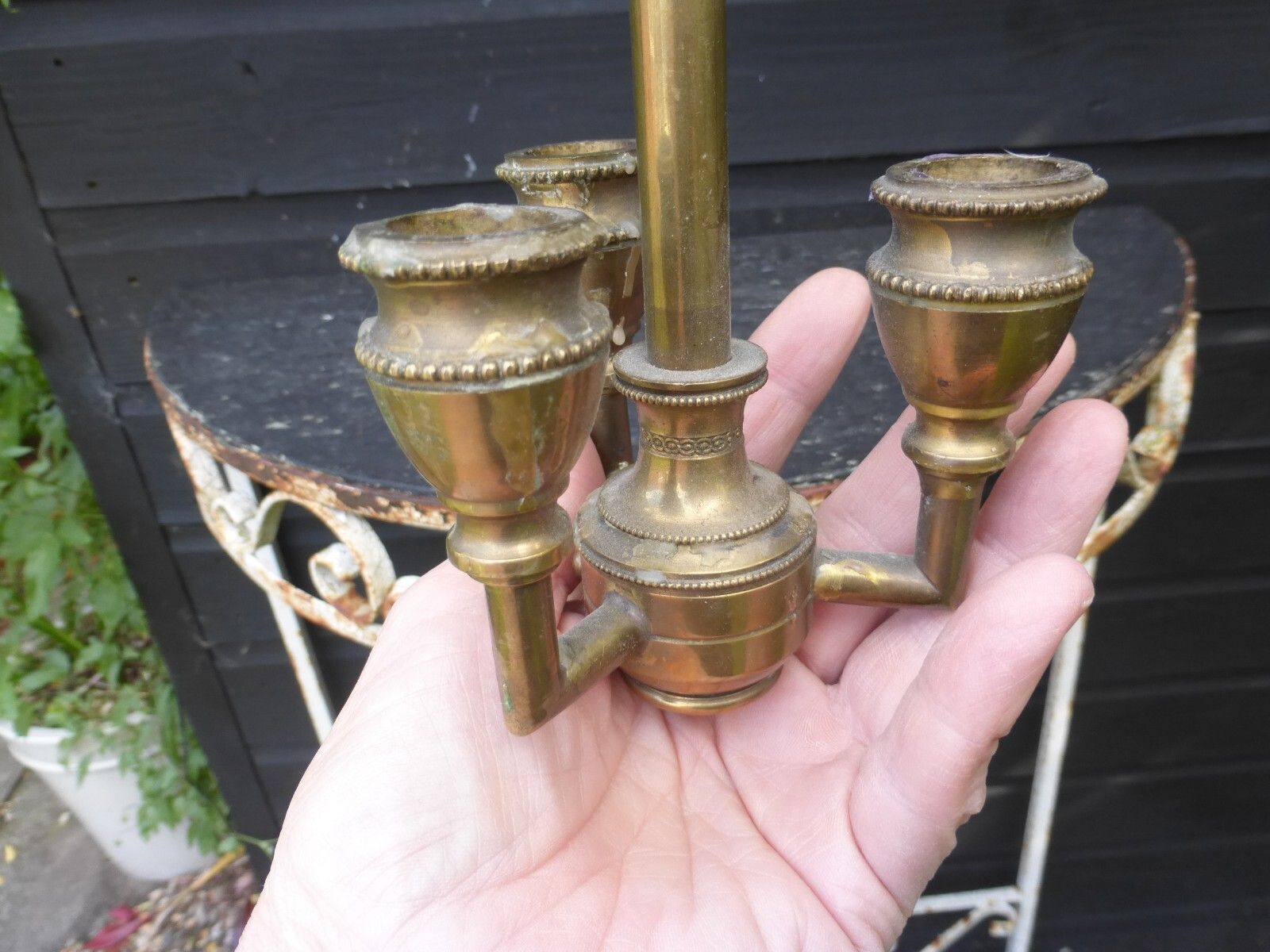 Original Antique Hand Blown Glass Smoke Bell Brass 3 Candle Fittings Ceiling Light C1800's photo 175.0