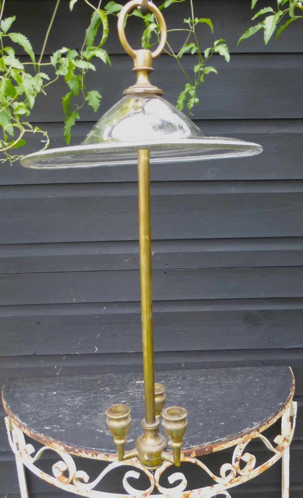 175.0 Original Antique Hand Blown Glass Smoke Bell Brass 3 Candle Fittings Ceiling Light C1800's photo