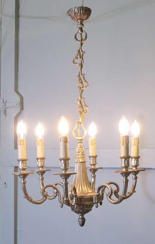 A Large French Gilded Brass 6 Branch Chandelier photo furniture