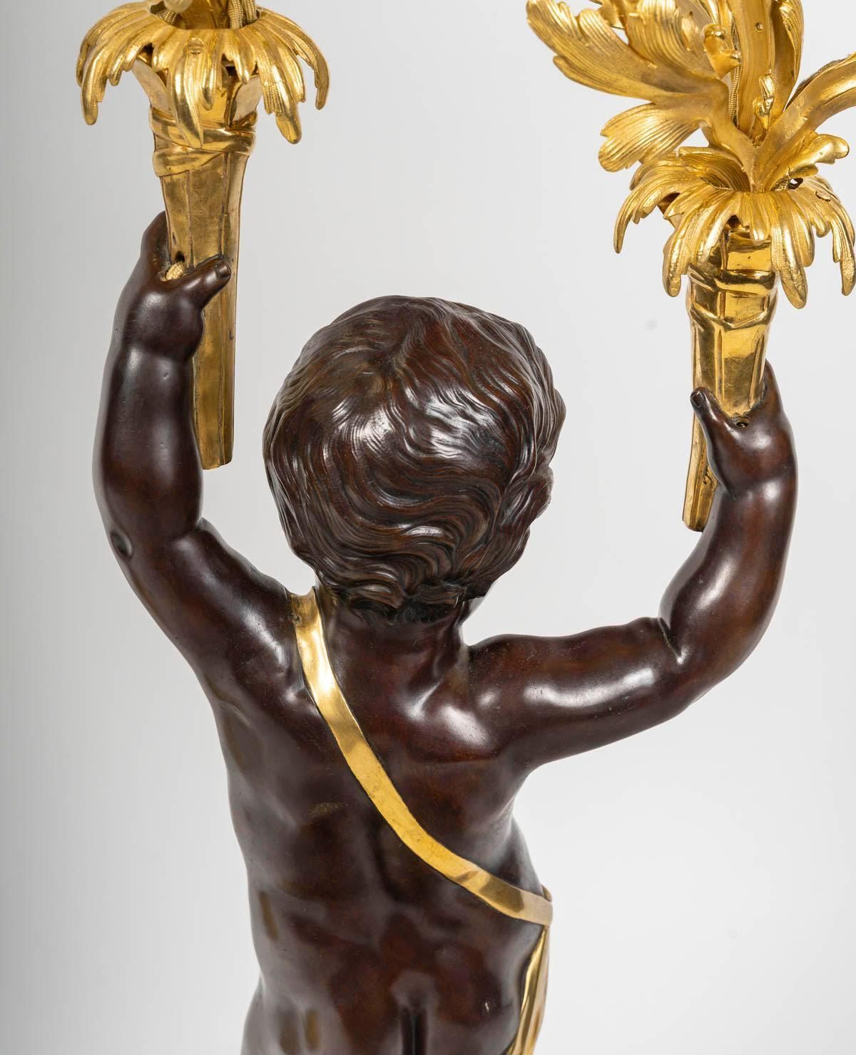 Home Decor Large Pair Of Electrified Candelabra In Gilded Bronze With Patina, 19th Century. photo