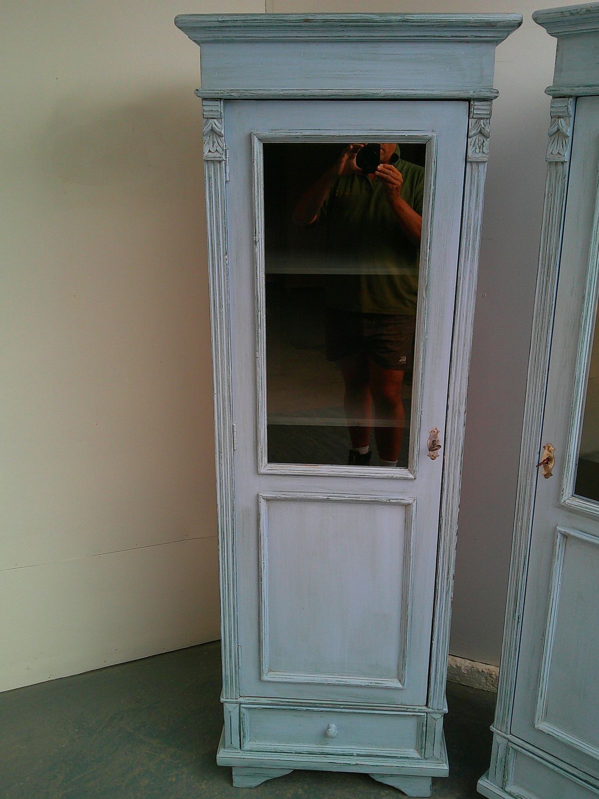 A Cracking Pair Of Sky Blue Antique Pine Kitchen Display Cabinets photo 1395.0