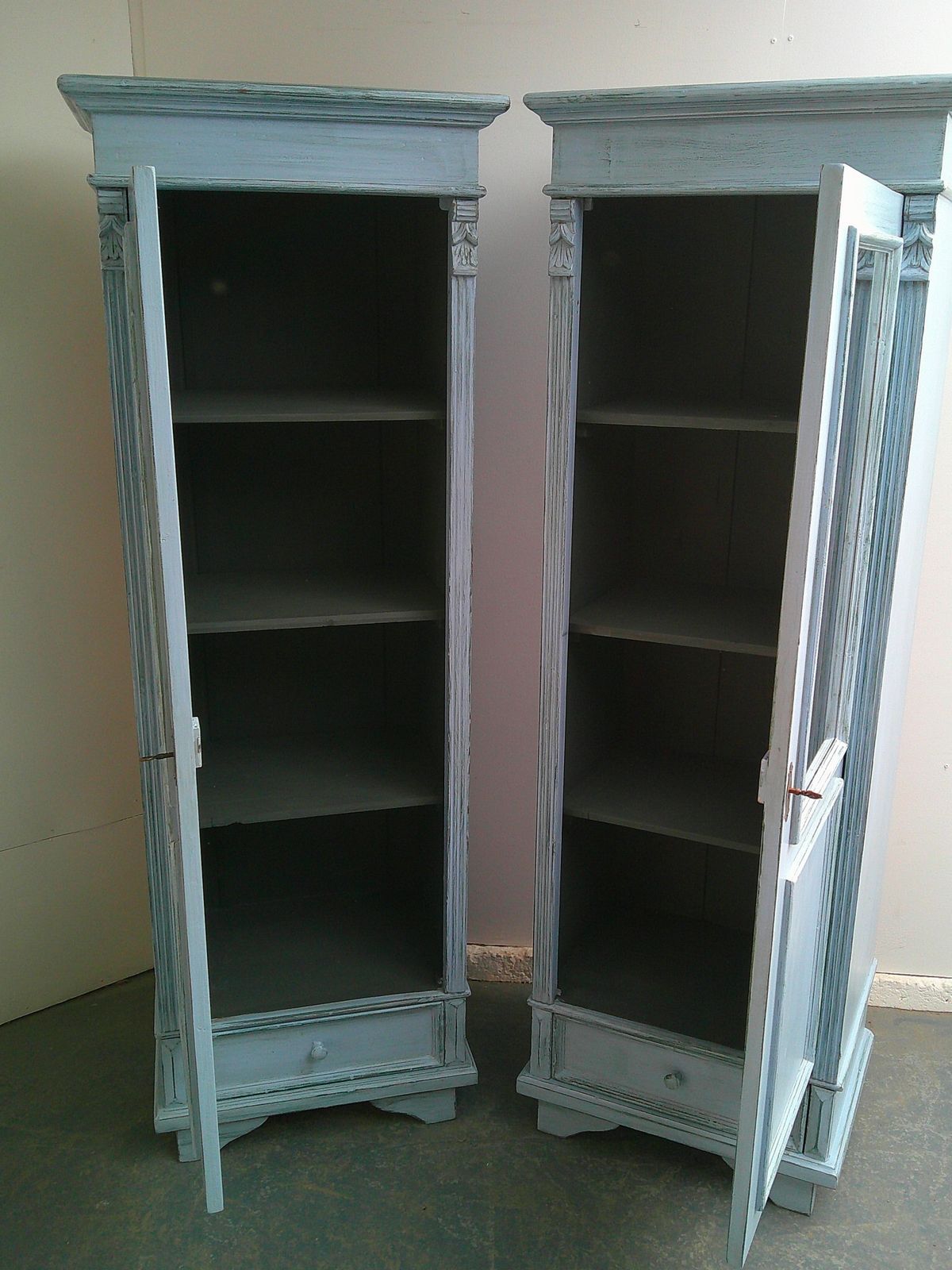 A Cracking Pair Of Sky Blue Antique Pine Kitchen Display Cabinets photo vintage