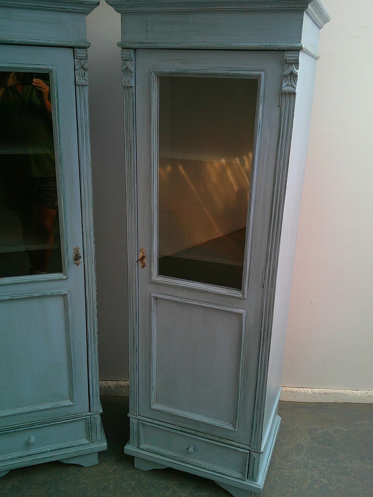 photo furniture A Cracking Pair Of Sky Blue Antique Pine Kitchen Display Cabinets