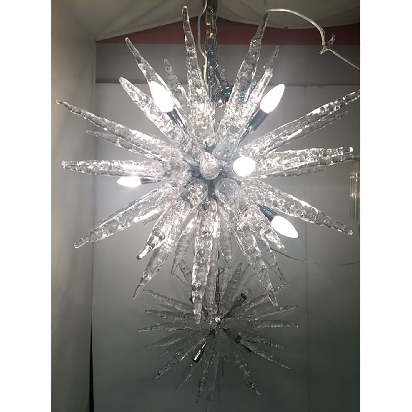 Set Of 2 Murano Glass Ice Clear Sputnik Italian Chandelier photo vintage
