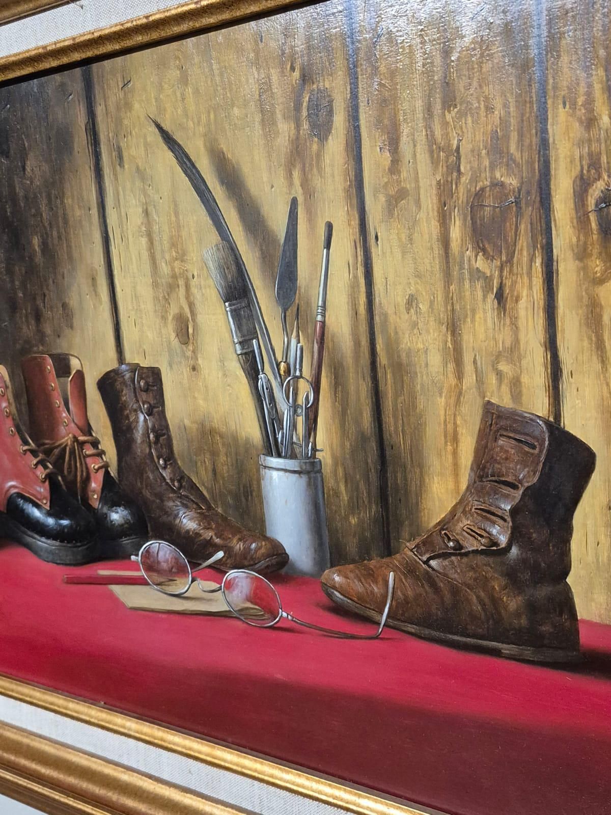 Werner Van Hoylandt (Belgium B.1951)   Boots Spectacles & Artists Tools   Still Life Oil On Panel photo for sale