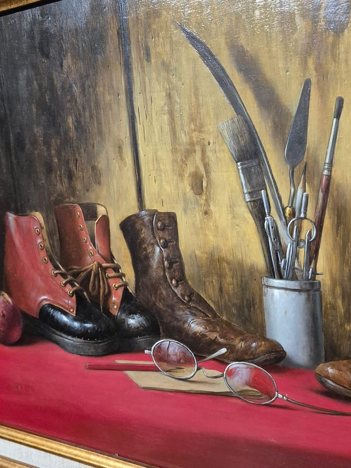 Werner Van Hoylandt (Belgium B.1951)   Boots Spectacles & Artists Tools   Still Life Oil On Panel photo buy