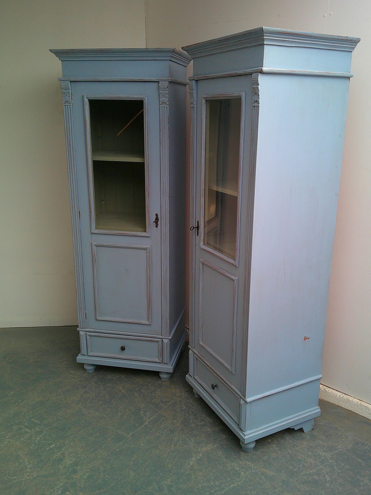 A Cracking Pair Of Light Blue Antique Pine Kitchen / Bathroom Display Cabinets
