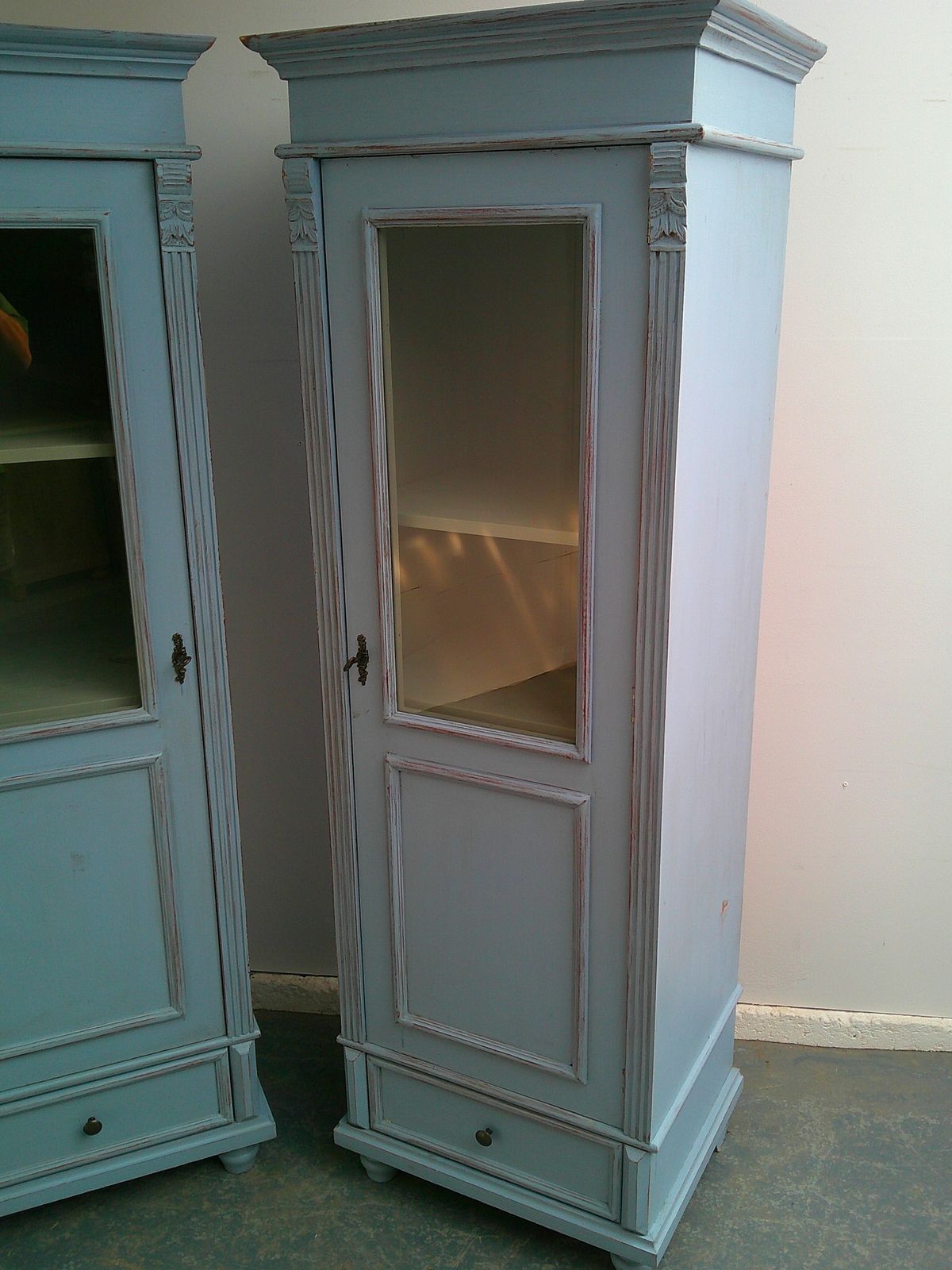 A Cracking Pair Of Light Blue Antique Pine Kitchen / Bathroom Display Cabinets photo furniture