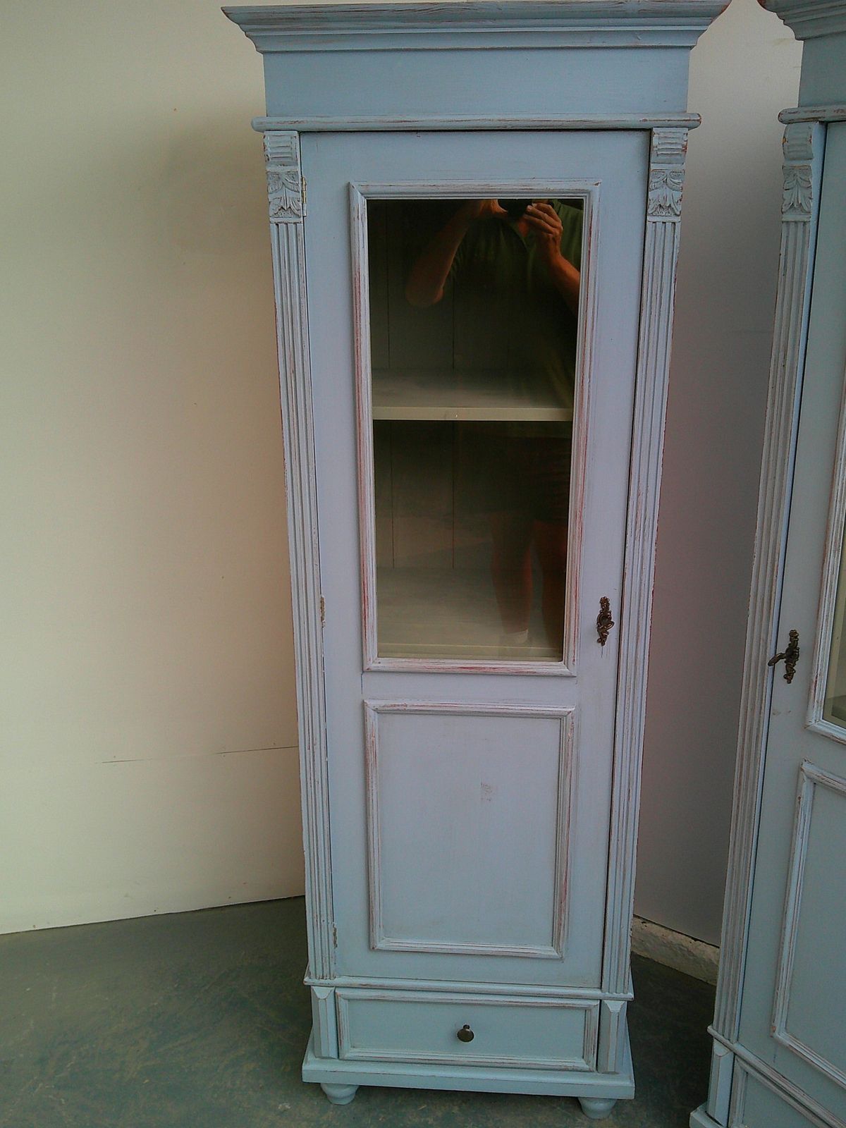 A Cracking Pair Of Light Blue Antique Pine Kitchen / Bathroom Display Cabinets photo for sale