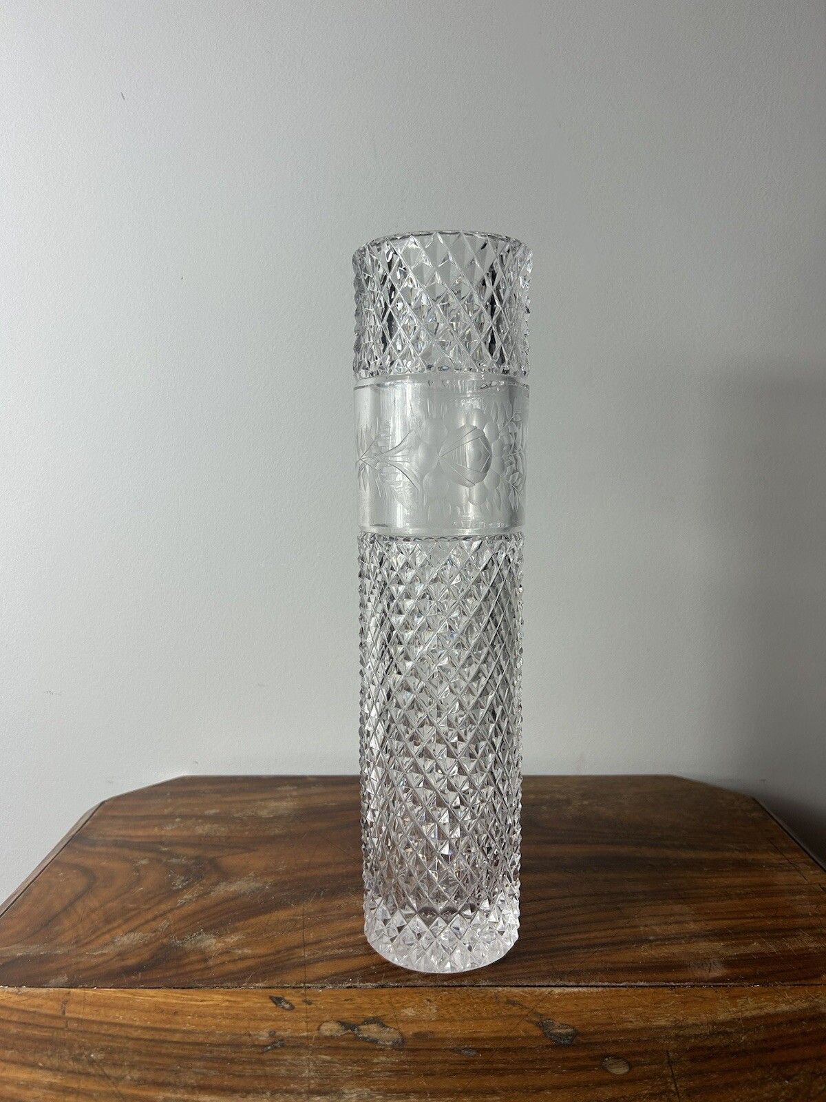 Stunning Diamond Cut English Heavy Lead Cut Crystal Vase 19th Century photo furniture