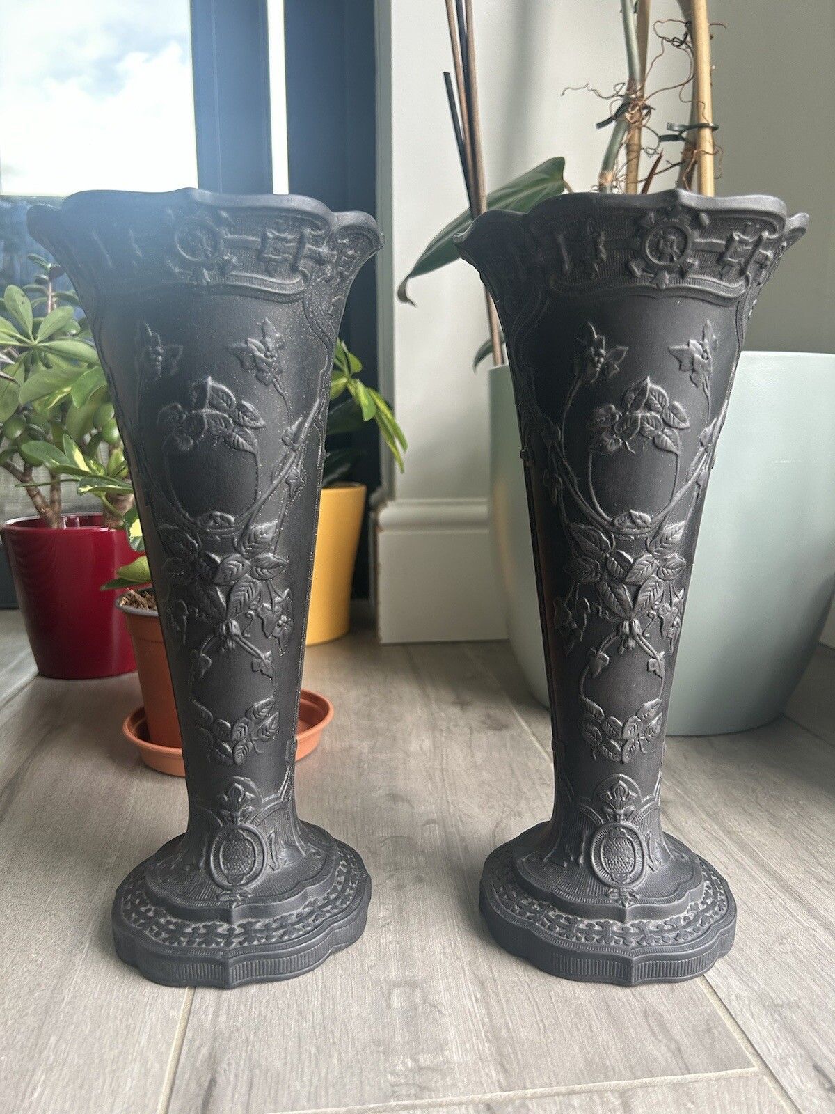 Wedgwood Basalt Vase Pair Black Jasperware Wedgwood Conical Grand Vases photo furniture