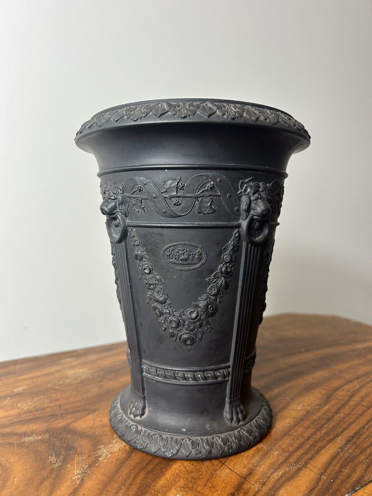 Large Wedgwood Black Basalt Conical Spigged Jasperware Monopodia Vase 17cm
