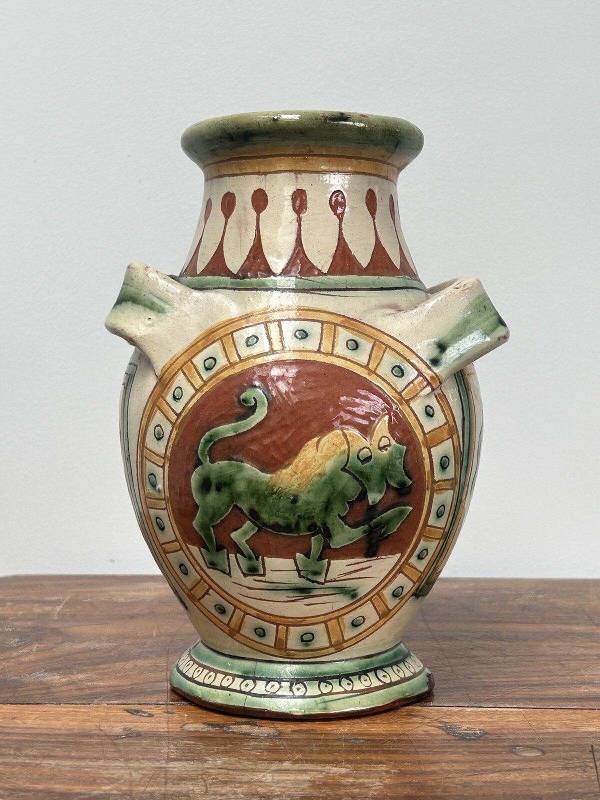 Antique Signed Italian Faience Lion Majolica Handled Terracotta Pottery Assisi