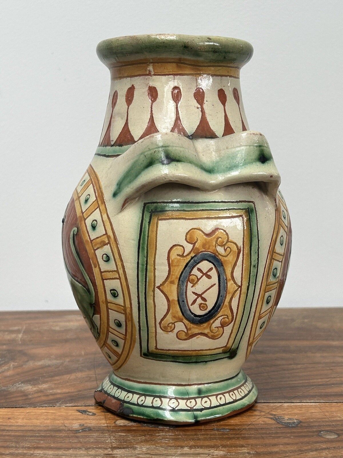 Antique Signed Italian Faience Lion Majolica Handled Terracotta Pottery Assisi photo Home Decor