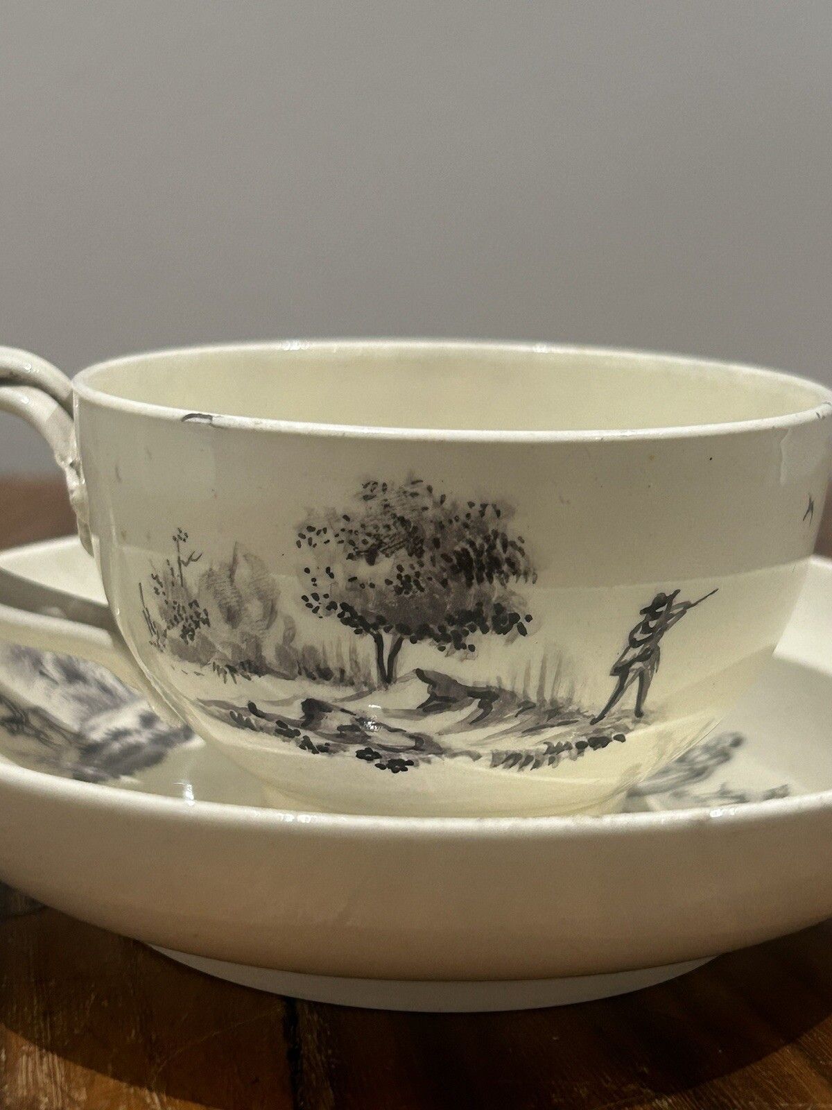 18th C Creamware Handpainted Twist Handle Creamware Teacup / Dish (Wedgwood?) photo vinterior
