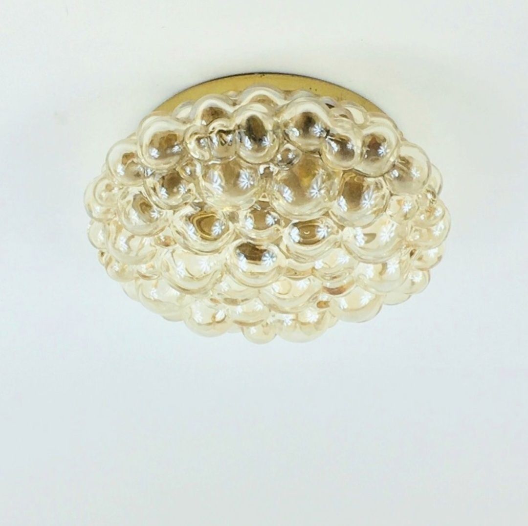 Large Mid Century Amber Bubble Glass & Brass Ceiling Light By Helena Tynell For Limburg, Germany, 1960s