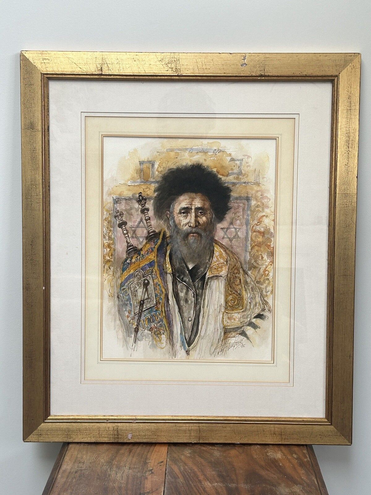 Exceptional Watercolour Jewish Rabbi With Torah Framed Signed Judaica photo furniture