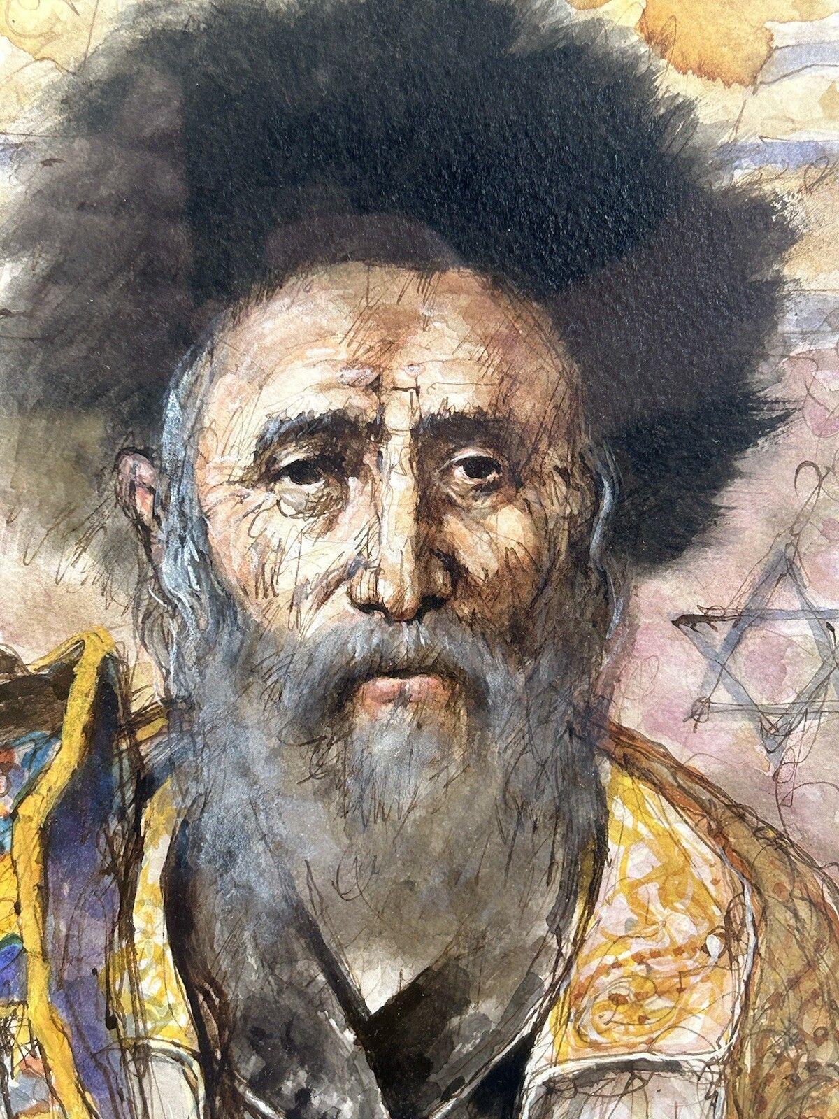 Exceptional Watercolour Jewish Rabbi With Torah Framed Signed Judaica photo for sale